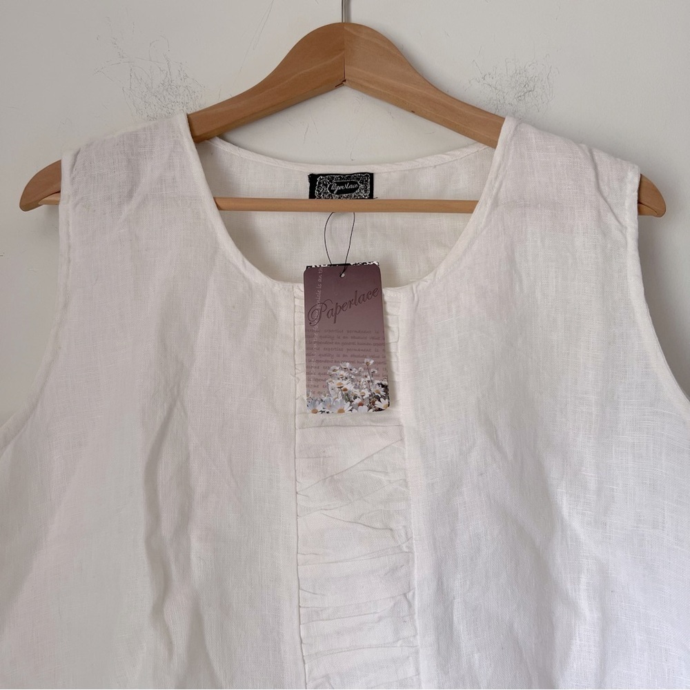 Paper Lace Sleeveless Linen Top White Minimalist Contemporary Coastal Summer - Picture 2 of 10